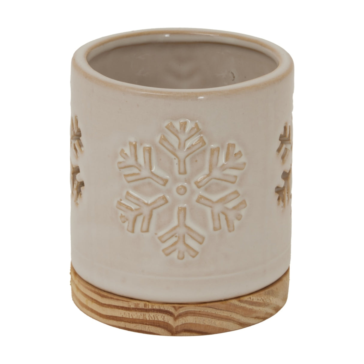 Ceramic Snowflake Candle Holder on Wood Base – White