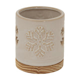Ceramic Snowflake Candle Holder on Wood Base – White