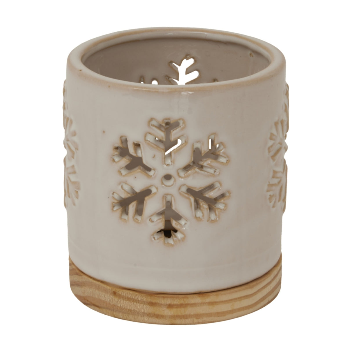 Ceramic Snowflake Candle Holder on Wood Base – White