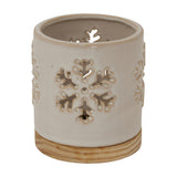 Ceramic Snowflake Candle Holder on Wood Base – White