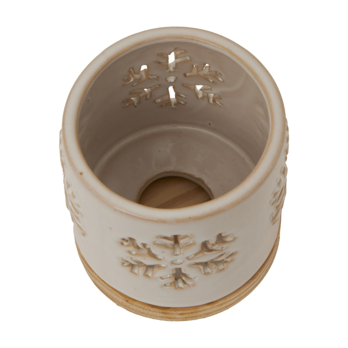 Ceramic Snowflake Candle Holder on Wood Base – White