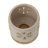 Ceramic Snowflake Candle Holder on Wood Base – White
