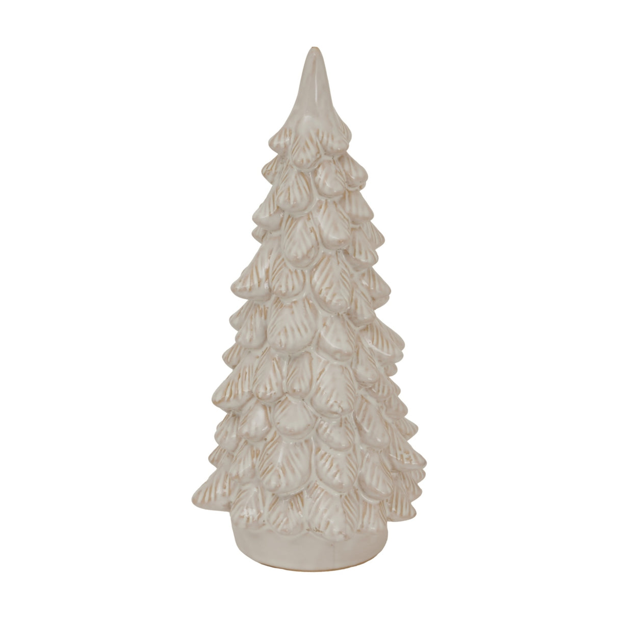 Hill Interiors Large Ceramic Snowy Tree in white, a tapered fir sculpture with layered snow-dusted branches on a round base, shown on a plain background.