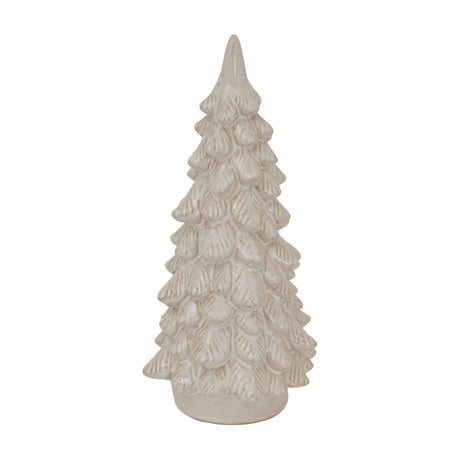 Hill Interiors Large Ceramic Snowy Tree in white, a tapered fir sculpture with layered snow-dusted branches on a round base, shown on a plain background.