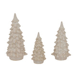Hill Interiors Large Ceramic Snowy Tree in white, shown with two smaller tapered fir trees featuring layered branches on a plain white background.