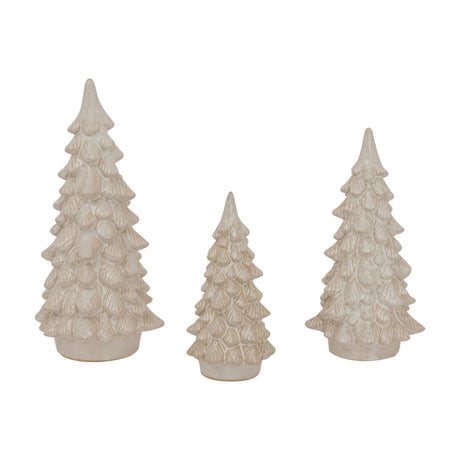Hill Interiors Large Ceramic Snowy Tree in white, shown with two smaller tapered fir trees featuring layered branches on a plain white background.
