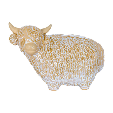 Hill Interiors Large Ceramic Highland Cow in white glaze with sculpted shaggy coat and pale horns, shown side-on against a plain white background.