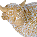 Hill Interiors Large Ceramic Highland Cow in white glaze, close-up showing sculpted shaggy coat, curved horns and soft muzzle detailing on a white background.