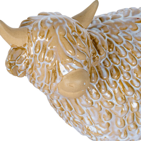 Hill Interiors Large Ceramic Highland Cow in white glaze, close-up showing sculpted shaggy coat, curved horns and soft muzzle detailing on a white background.