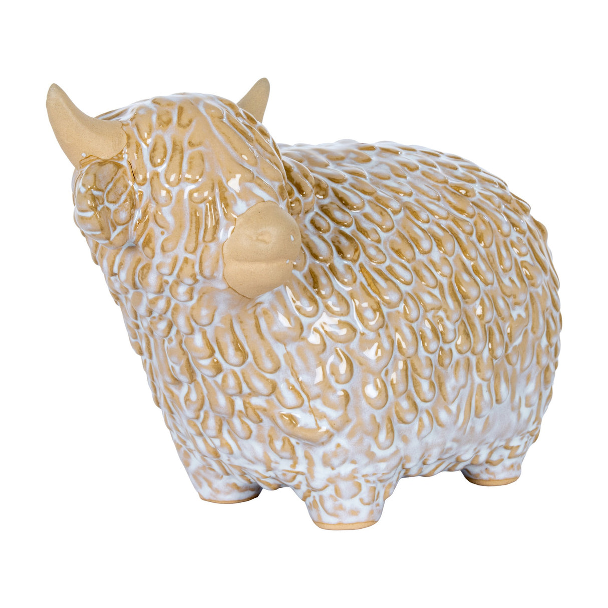 Hill Interiors Large Ceramic Highland Cow in white glaze with sculpted shaggy coat and beige horns, shown from the side on a plain white background.