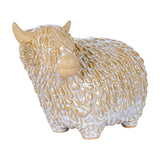 Hill Interiors Large Ceramic Highland Cow in white glaze with sculpted shaggy coat and beige horns, shown from the side on a plain white background.