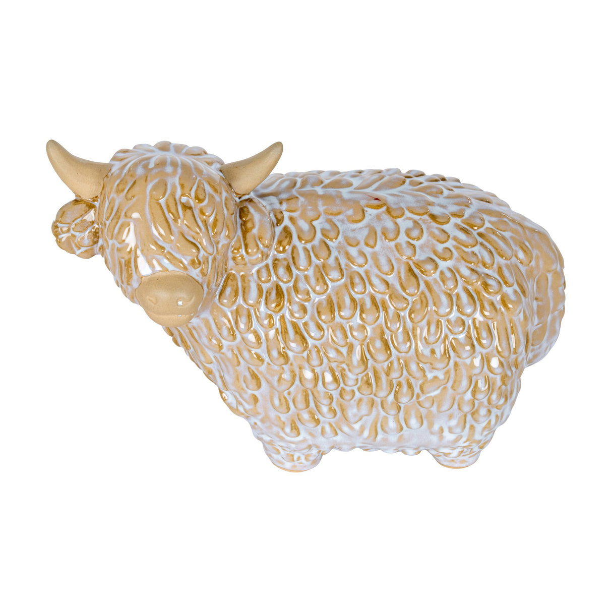 Hill Interiors Large Ceramic Highland Cow figurine in white glaze with textured shaggy coat and pale horns, shown side-on against a plain white background.