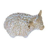 Hill Interiors medium ceramic Highland cow ornament in a white glaze with shaggy textured coat, pale horns and muzzle, shown on a plain white background.