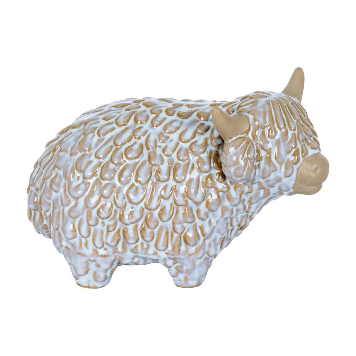 Hill Interiors medium ceramic Highland cow ornament with textured shaggy coat and long horns in a soft white glaze, on a plain background.