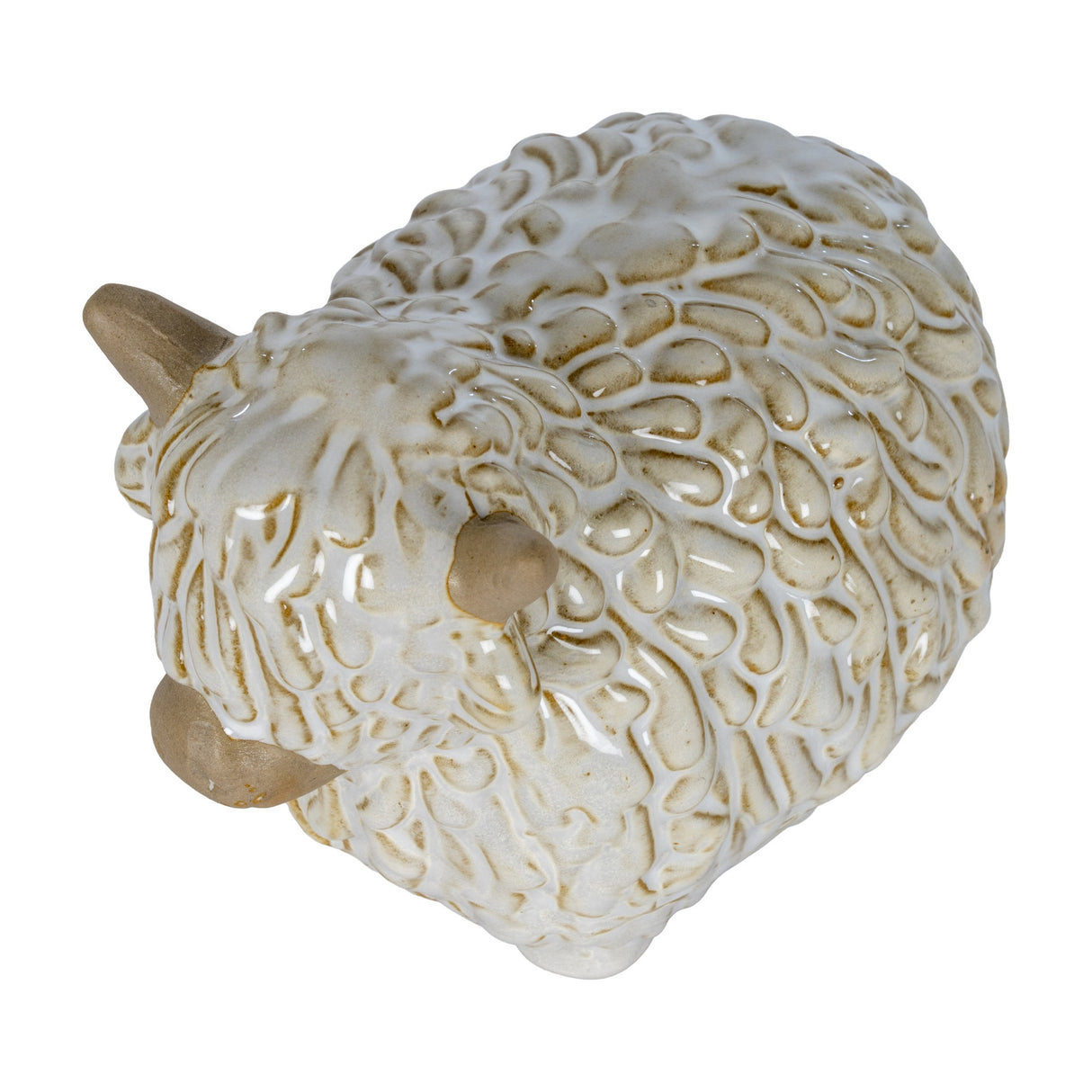 Hill Interiors ceramic Highland cow ornament in white glaze with textured shaggy coat and pale horns, shown from above on a plain background.