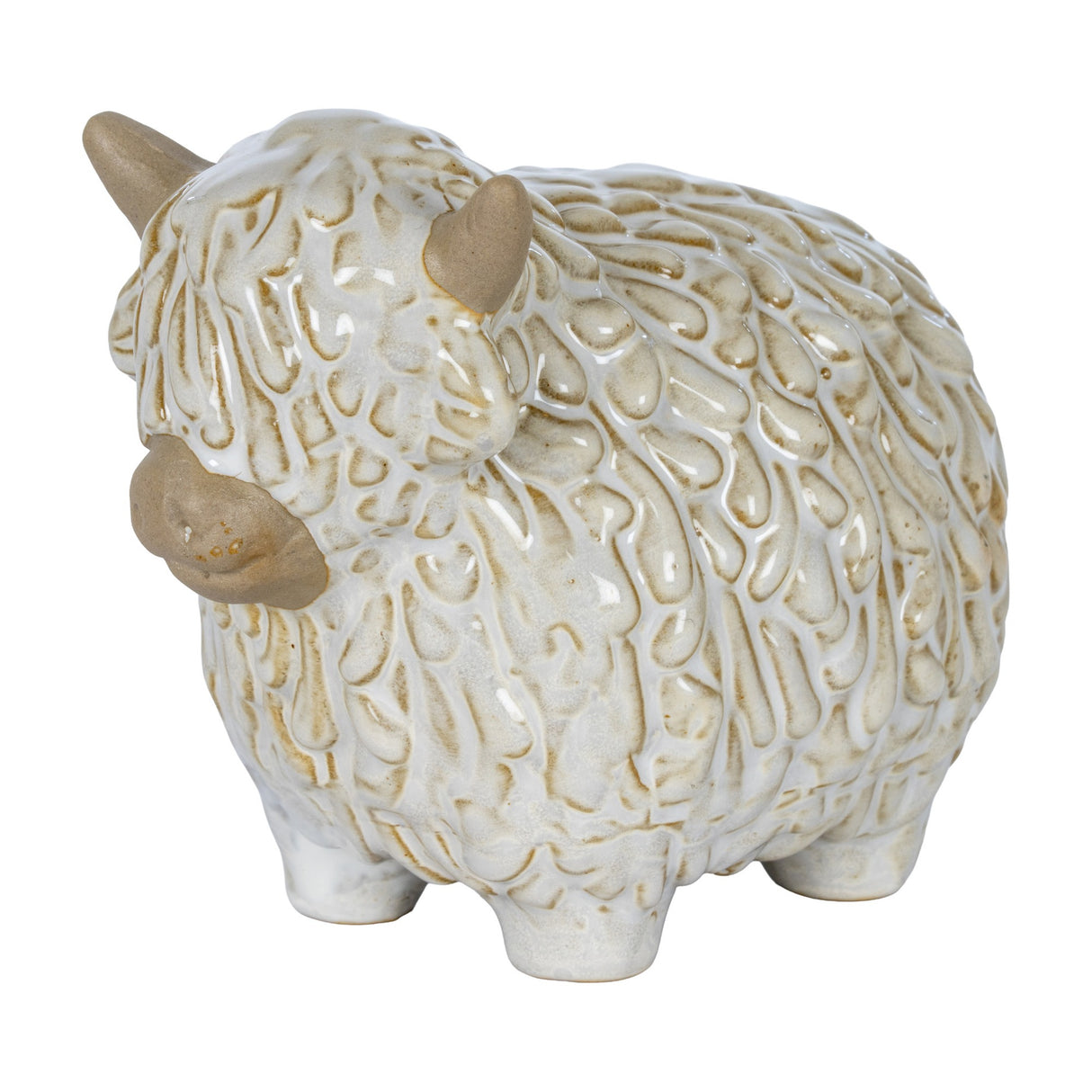 Hill Interiors ceramic Highland cow ornament in white glaze with textured shaggy coat and pale horns, shown on a plain white background.