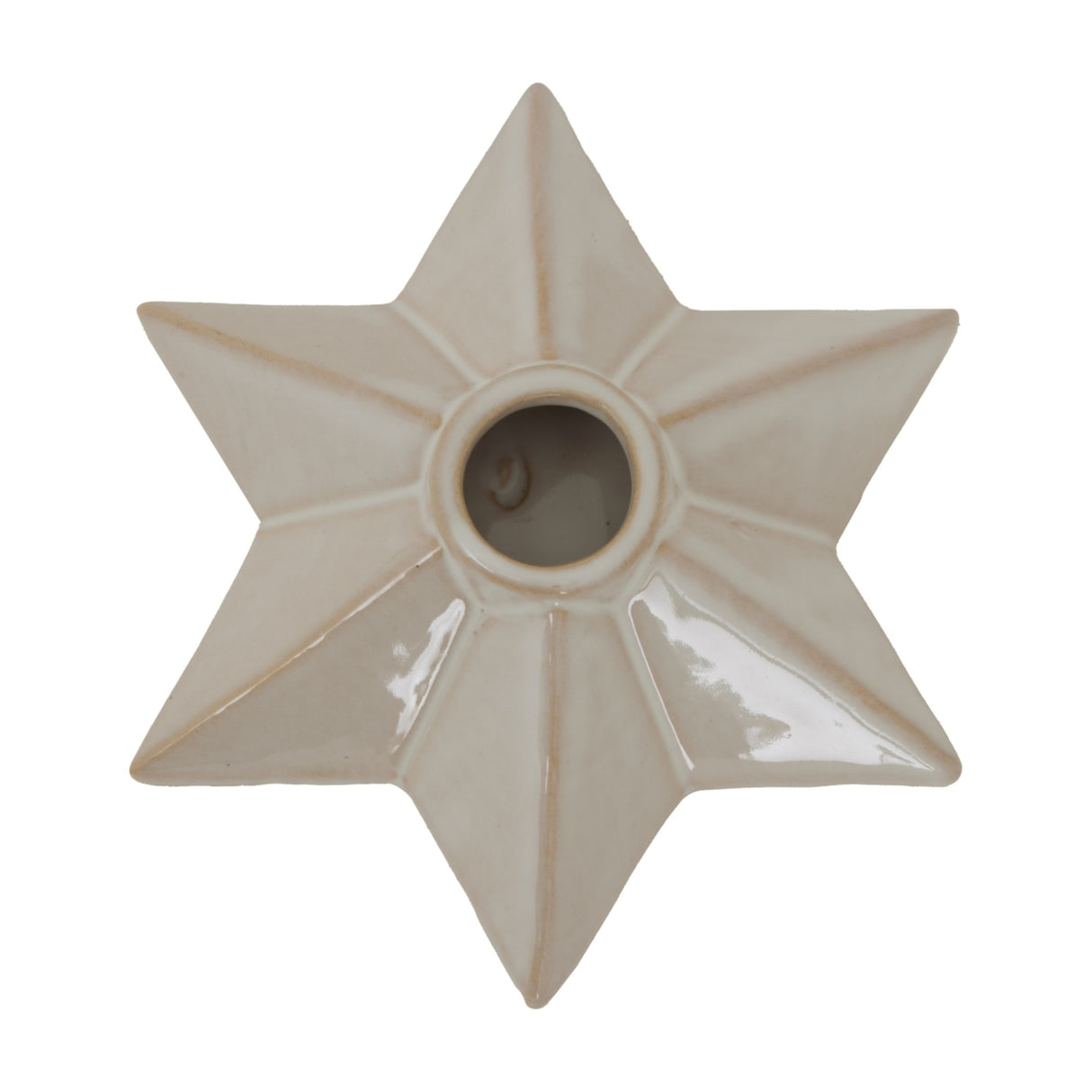 Hill Interiors ceramic angled star candle holder in white with glossy glaze and central recess for a taper, shown from above on a plain background.