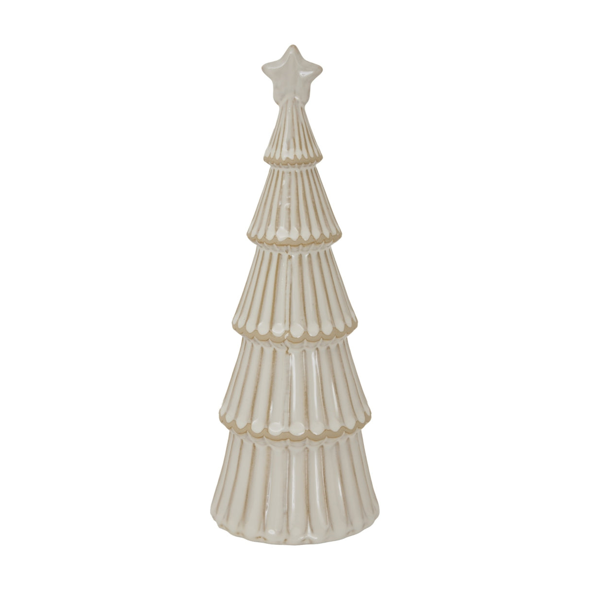 Hill Interiors large ceramic layered Christmas tree in snowy white glaze with tiered textured branches and a small star topper, on a plain white background.
