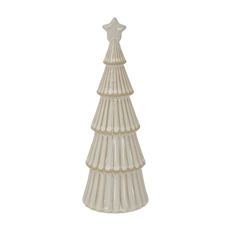 Hill Interiors large ceramic layered Christmas tree in snowy white glaze with tiered textured branches and a small star topper, on a plain white background.
