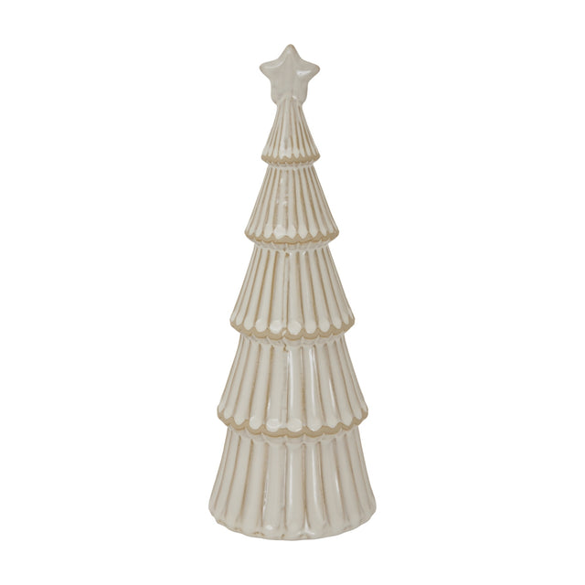 Hill Interiors large ceramic layered Christmas tree in snowy white glaze with tiered textured branches and a small star topper, on a plain white background.