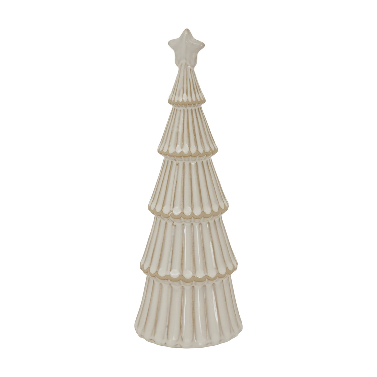 Hill Interiors Large Ceramic Snowy Layered Tree with Star in white, a tiered Christmas tree decoration with textured branches, on a plain background.