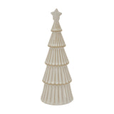 Hill Interiors Large Ceramic Snowy Layered Tree with Star in white, a tiered Christmas tree decoration with textured branches, on a plain background.
