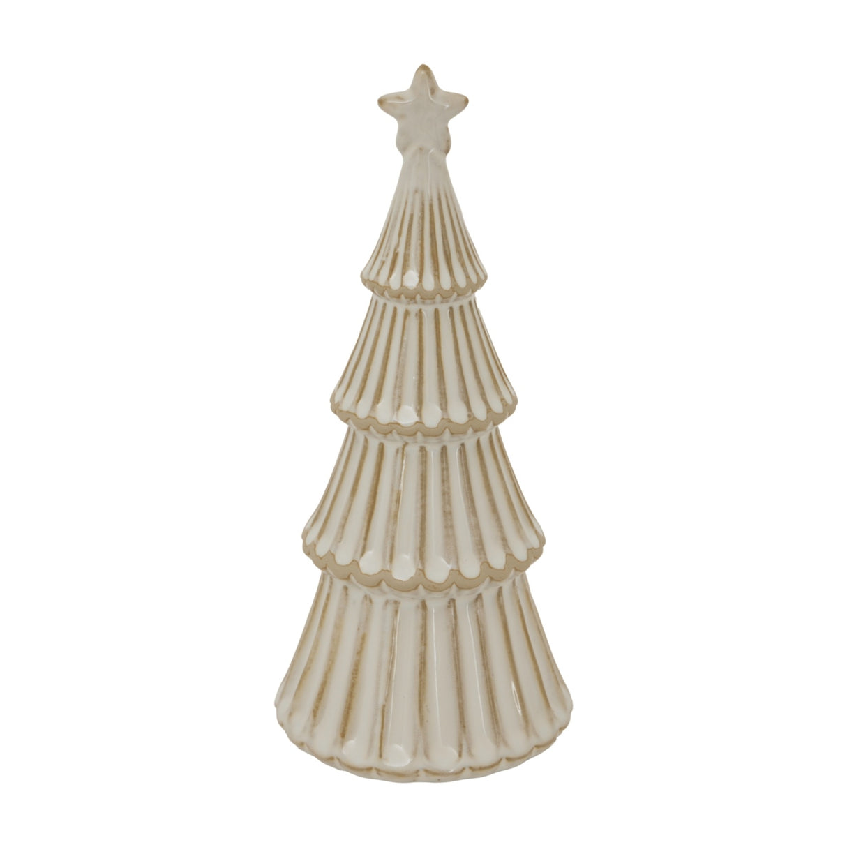 Hill Interiors medium ceramic layered Christmas tree in snowy white glaze with ribbed tiers and a star topper, shown on a plain white background.