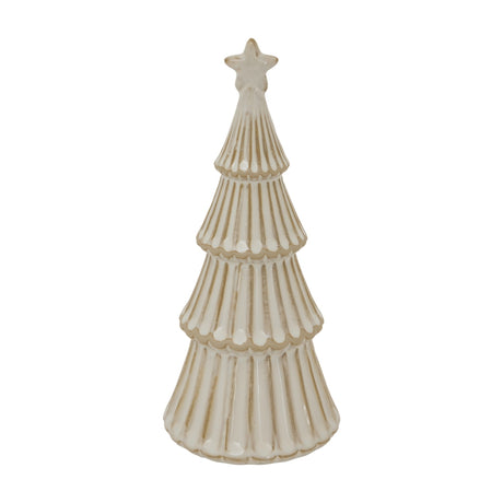Hill Interiors medium ceramic layered Christmas tree in snowy white glaze with ribbed tiers and a star topper, shown on a plain white background.