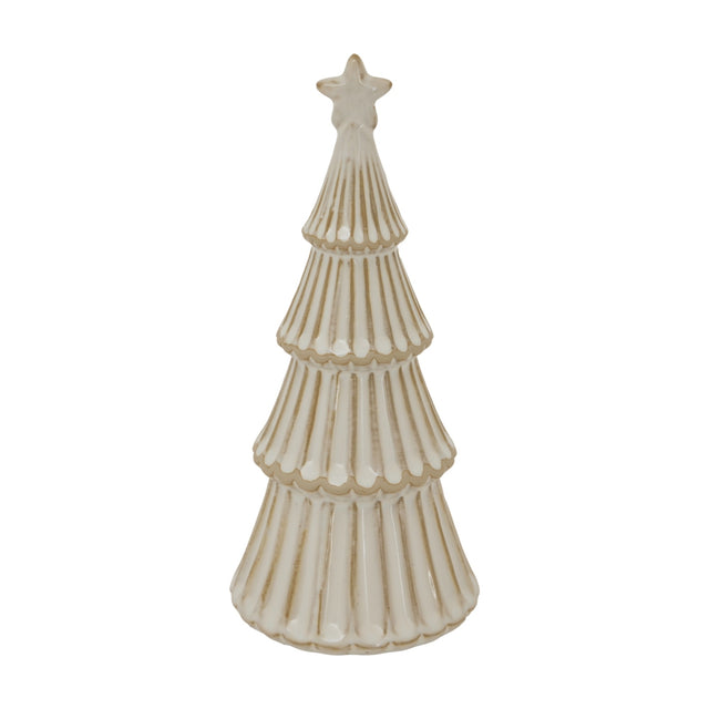 Hill Interiors medium ceramic layered Christmas tree in snowy white glaze with ribbed tiers and a star topper, shown on a plain white background.