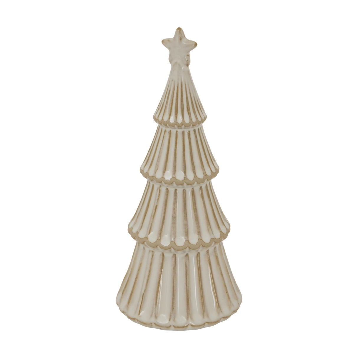 Hill Interiors medium ceramic layered fir tree with star topper in snowy white glaze, shown against a plain white background.