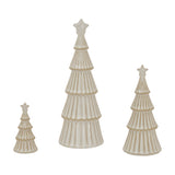 Hill Interiors Medium Ceramic Snowy Layered Tree With Star shown in three sizes, white tiered fir shapes with star tops, on a plain background.