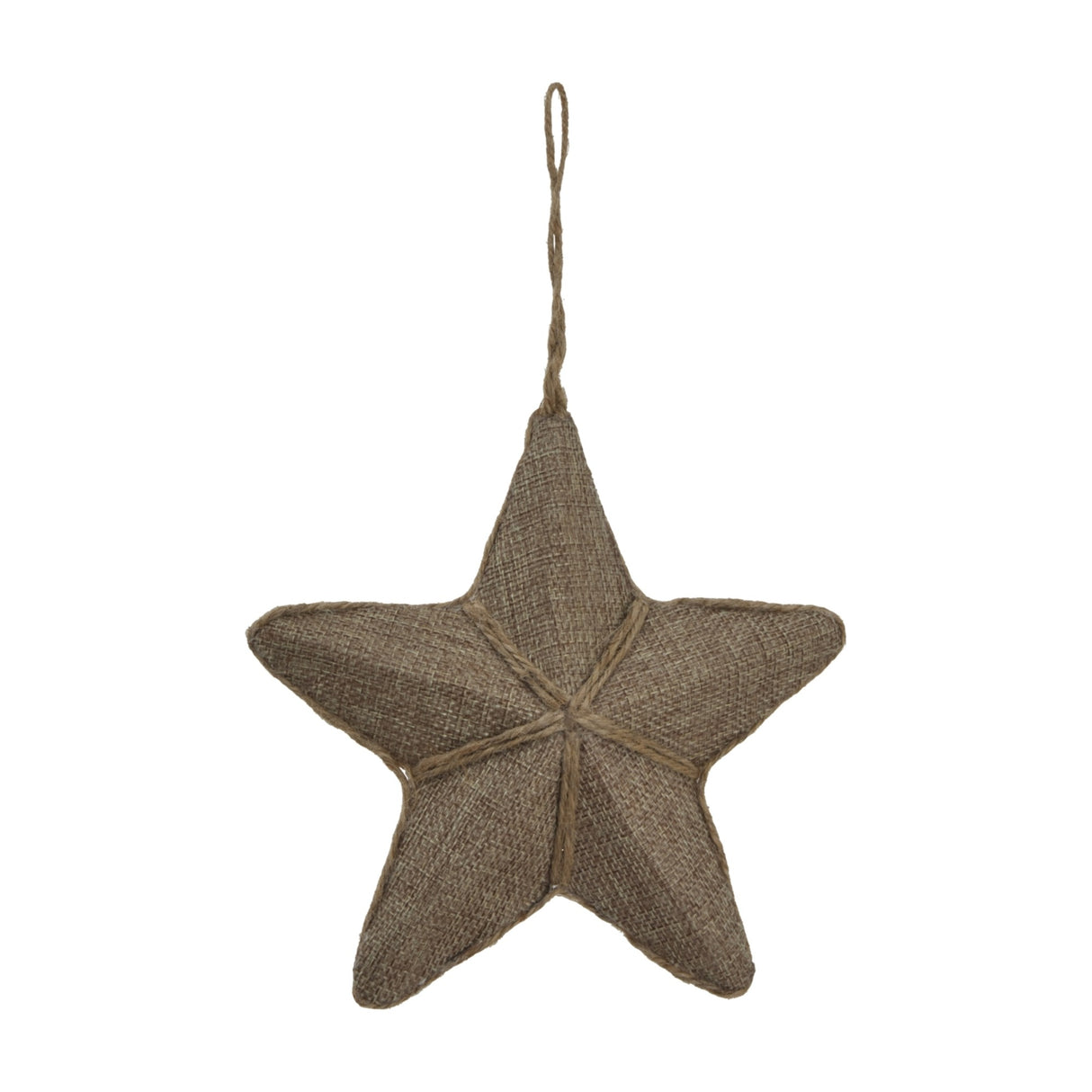 Hill Interiors Medium Jute Hanging Star in brown, a woven five-point star ornament with twine loop and outlined edges, shown on a white background.
