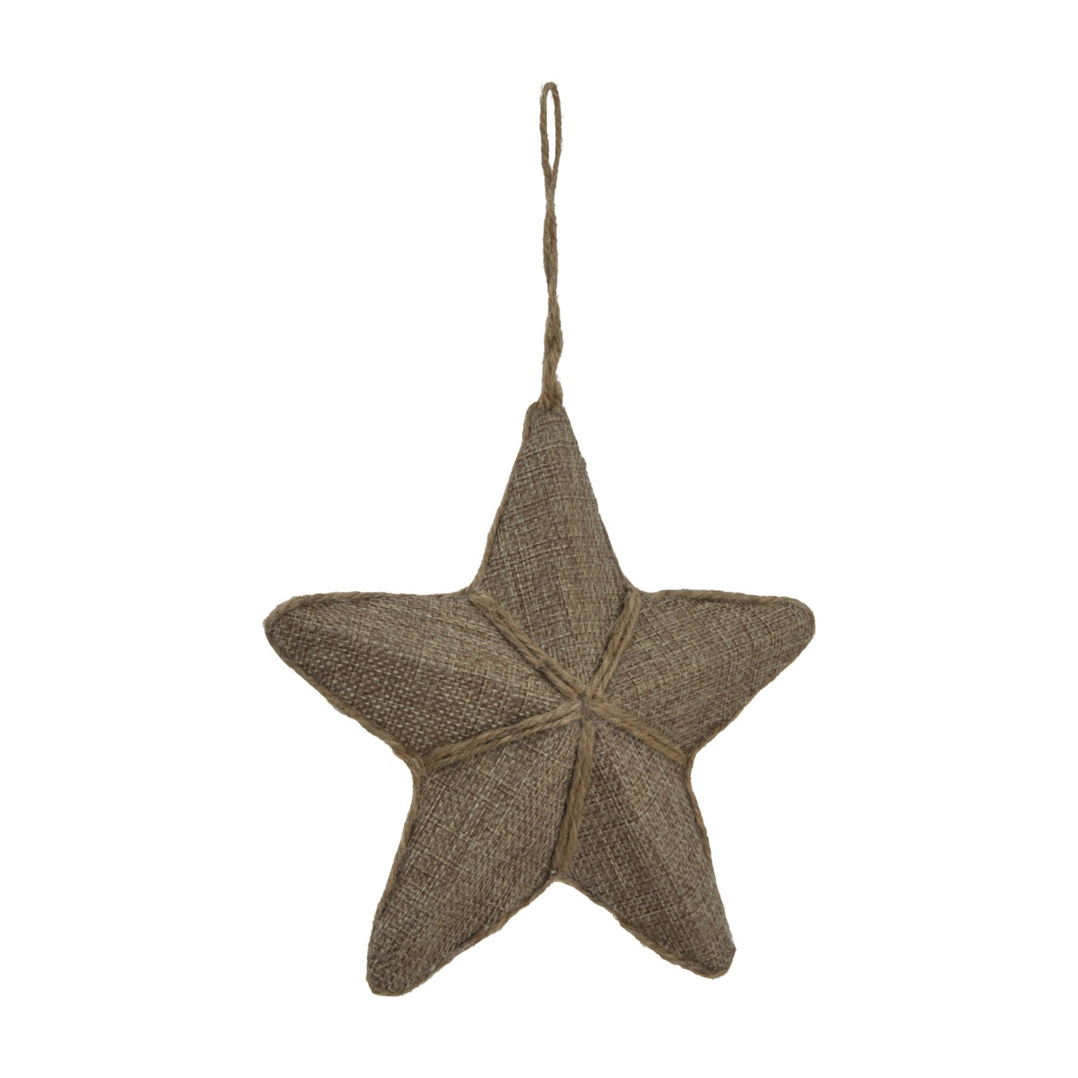 Hill Interiors medium hanging star Christmas decoration in brown woven jute with a twine loop, shown against a plain white background.