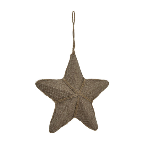 Hill Interiors medium hanging star Christmas decoration in brown woven jute with a twine loop, shown against a plain white background.