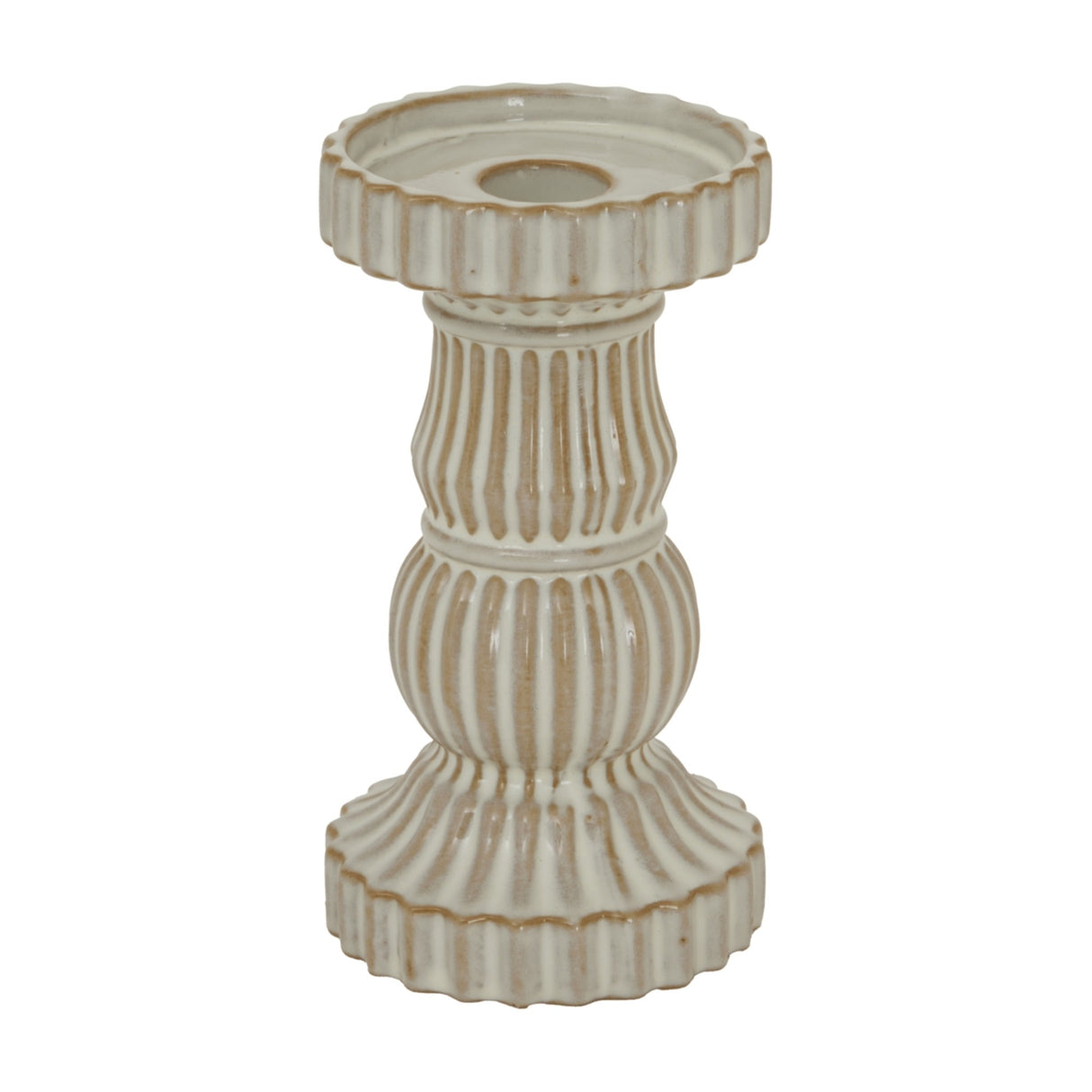 Hill Interiors ceramic pillar candle holder in white with a ribbed, sculptural baluster form and fluted base, shown on a plain background.