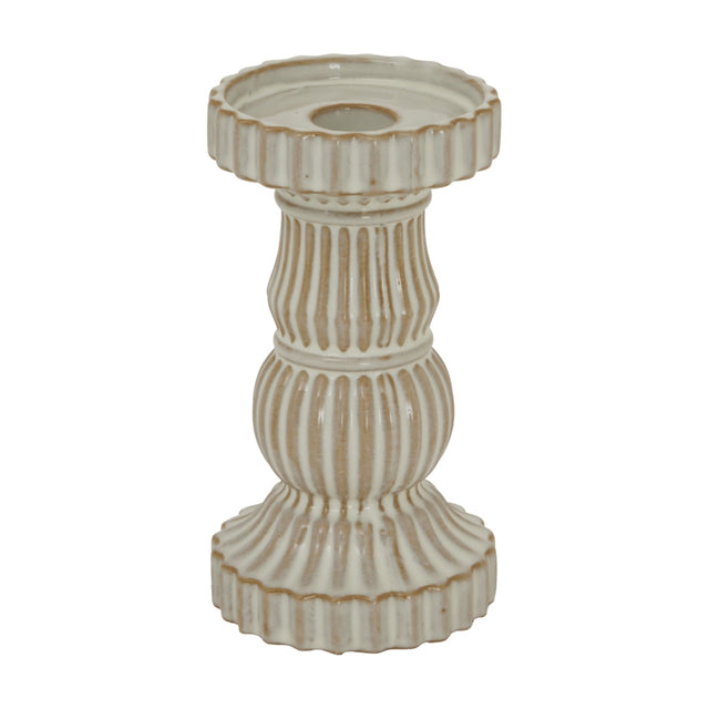Hill Interiors ceramic pillar candle holder in white with a ribbed, sculptural baluster form and fluted base, shown on a plain background.