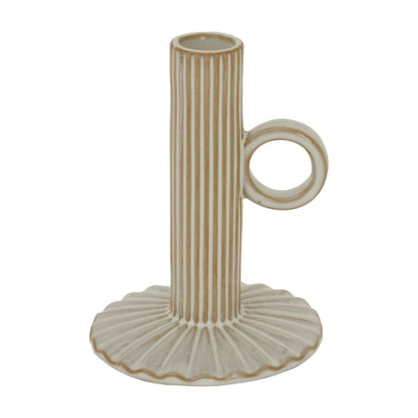 Hill Interiors ceramic taper candle holder in white with a fluted column, looped side handle and scalloped ribbed base, shown on a plain background.