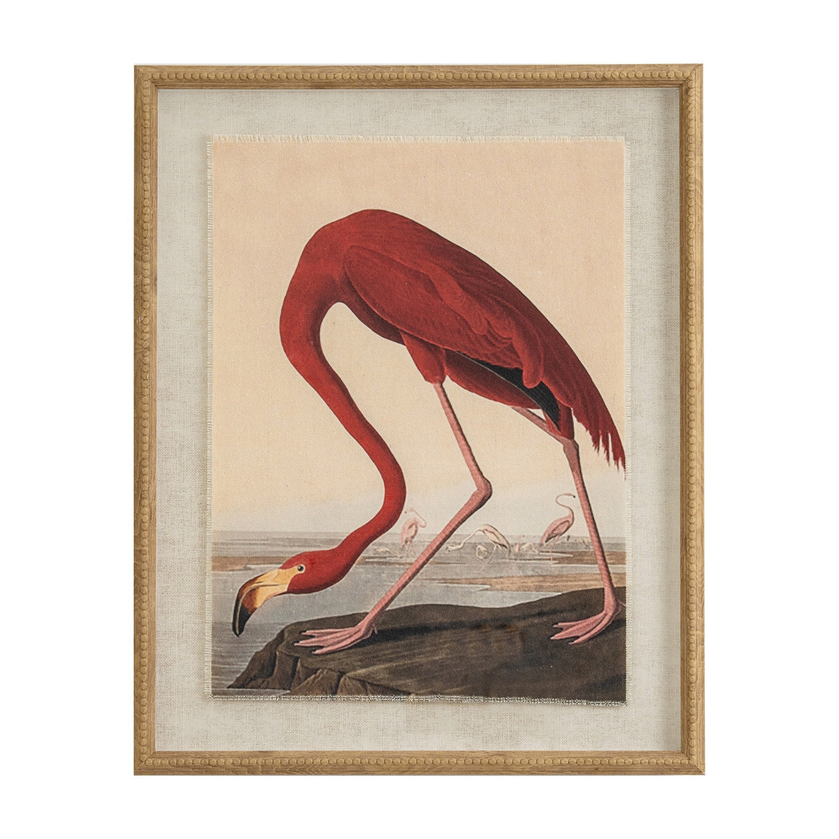 Flamingo Print on Linen in Beaded Frame – Brown