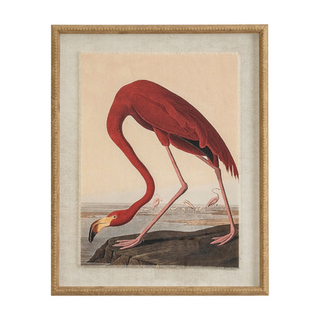 Hill Interiors Flamingo Print on Linen wall art in portrait format, showing a red flamingo bending to a rocky shore, set in a brown beaded frame.