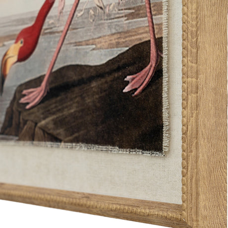Corner detail of Hill Interiors Flamingo Print on Linen wall art, showing pink flamingo feet on linen canvas within a brown beaded wooden frame.