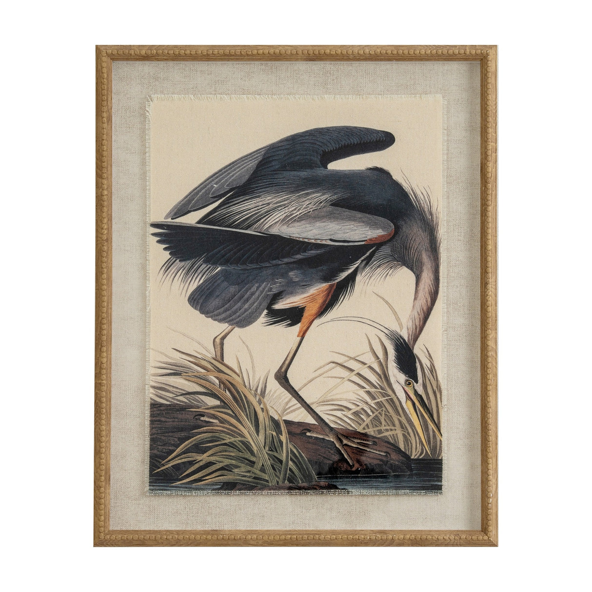 Hill Interiors Heron on Linen Print in a warm brown beaded frame, featuring a poised heron among grasses on a linen-toned background.