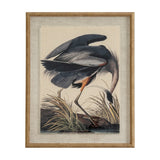 Hill Interiors Heron on Linen Print in a warm brown beaded frame, featuring a poised heron among grasses on a linen-toned background.