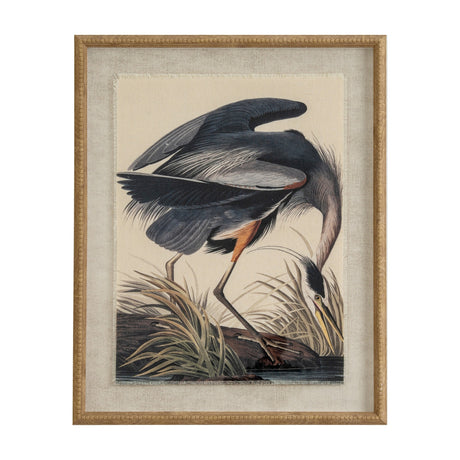 Hill Interiors Heron on Linen Print in a warm brown beaded frame, featuring a poised heron among grasses on a linen-toned background.