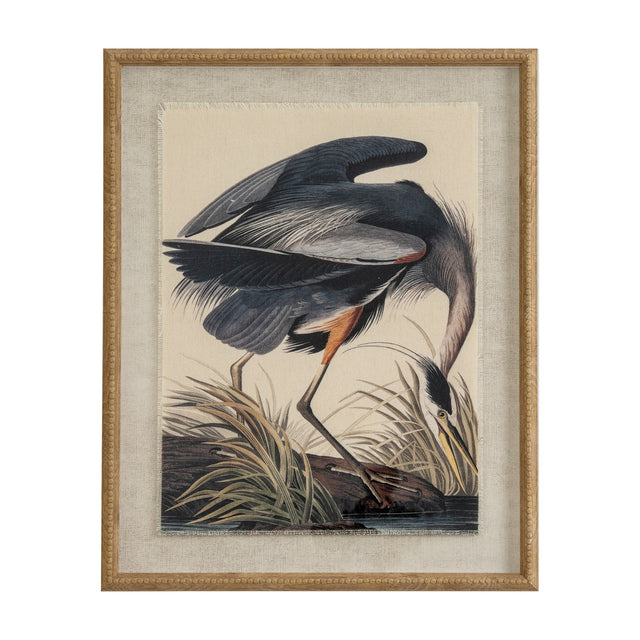 Hill Interiors Heron on Linen Print in a warm brown beaded frame, featuring a poised heron among grasses on a linen-toned background.