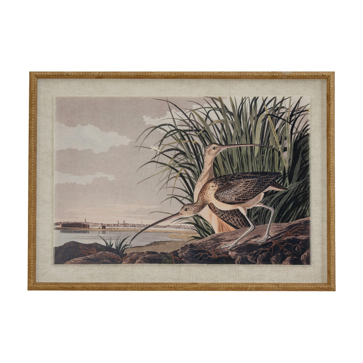 Hill Interiors Curlews On Linen framed wall art showing two long-billed wading birds among grasses by a coastal shore, set in a beaded wooden frame.
