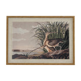 Hill Interiors Curlews On Linen framed wall art showing two long-billed wading birds among grasses by a coastal shore, set in a beaded wooden frame.