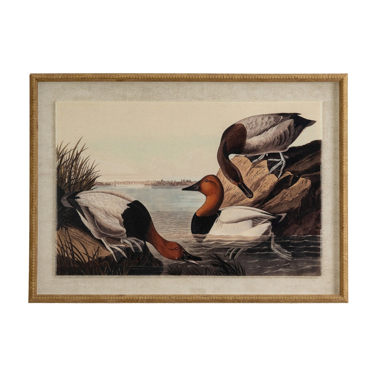 Hill Interiors Pochards on Linen framed wall art, showing three ducks by water on linen-textured print within a beaded brown surround behind glass.