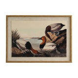 Hill Interiors Pochards on Linen framed wall art, showing three ducks by water on linen-textured print within a beaded brown surround behind glass.