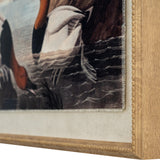 Corner close-up of Hill Interiors Pochards on Linen wall art showing the beaded brown wooden frame and linen-textured duck print behind glass.