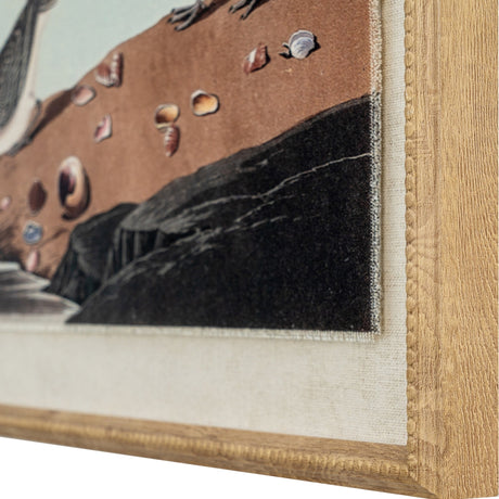 Close-up corner detail of the Hill Interiors Flora & Fauna print on linen, showing the beaded wooden frame edge and brown botanical scene with shells.